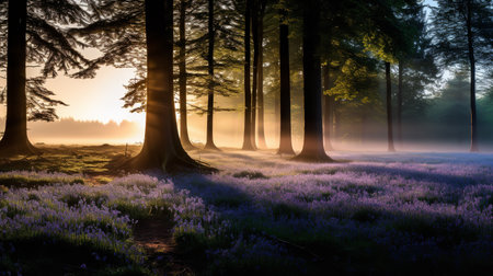 Misty Bluebell Wood at Dawn - AI Generatedの素材