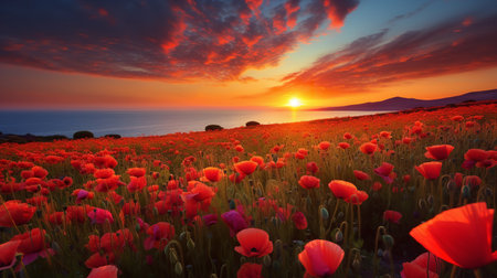 Oceanfront Poppy Field at Sunset - AI Generatedの素材