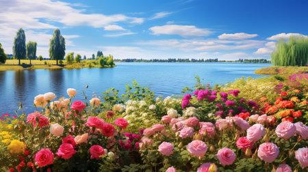 Lakeside Rose Field Elegance - AI Generatedの素材