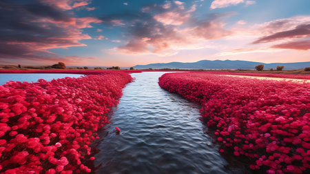 Lakeside Rose Field Elegance - AI Generatedの素材