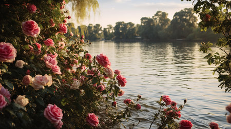Lakeside Rose Field Elegance - AI Generatedの素材