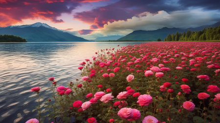 Lakeside Rose Field Elegance - AI Generatedの素材