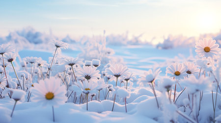 Snow-Kissed Daisy Field in Winter - AI Generatedの素材