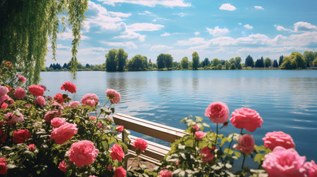 Lakeside Rose Field Elegance - AI Generatedの素材