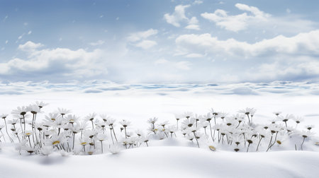 Snow-Kissed Daisy Field in Winter - AI Generatedの素材