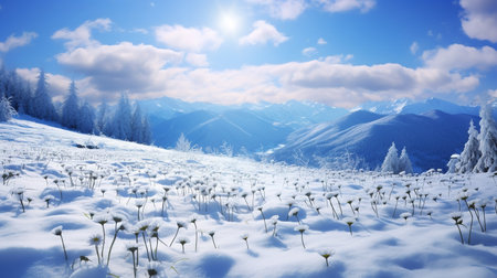 Snow-Kissed Daisy Field in Winter - AI Generatedの素材
