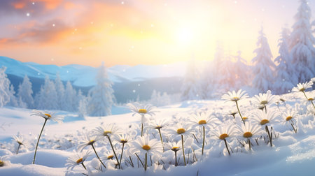 Snow-Kissed Daisy Field in Winter - AI Generatedの素材