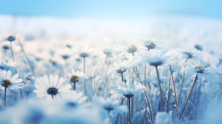 Snow-Kissed Daisy Field in Winter - AI Generatedの素材