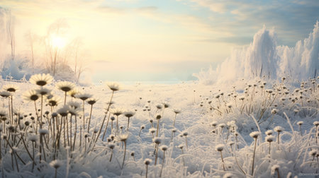 Snow-Kissed Daisy Field in Winter - AI Generatedの素材