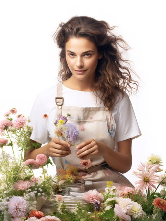 Female Gardener with Flowers, AI Generatedの素材