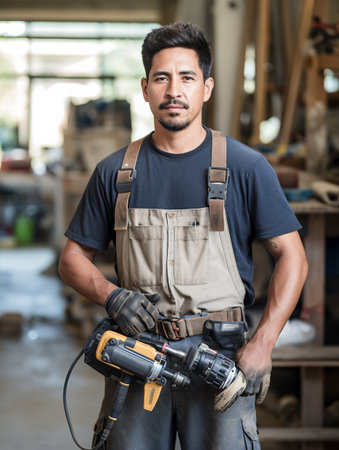 Skilled Male Carpenter Crafting Wood, AI Generatedの素材