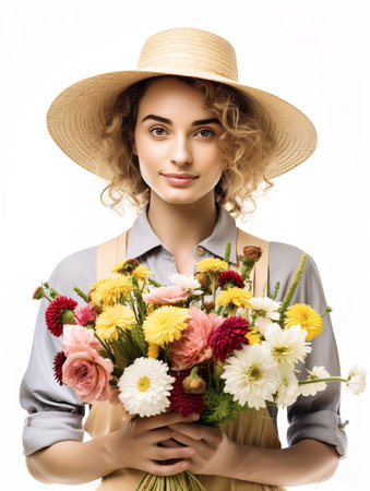 Female Gardener with Flowers, AI Generatedの素材