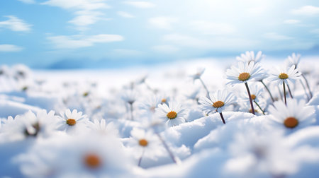 Snow-Kissed Daisy Field in Winter - AI Generatedの素材
