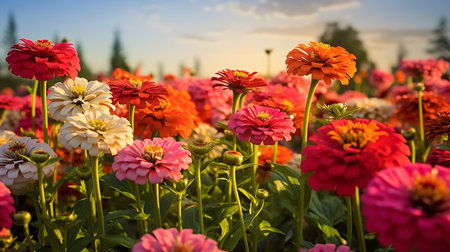Late Summer Zinnia Field Radiance - AI Generatedの素材