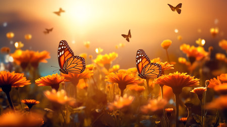 Autumn Marigold Field with Butterflies - AI Generatedの素材