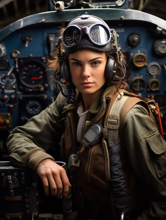 Confident Female Pilot at Controls, AI Generatedの素材