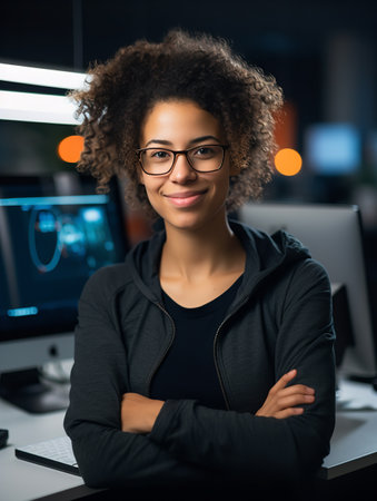 Skilled Female Programmer at Work, AI Generatedの素材