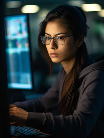 Skilled Female Programmer at Work, AI Generatedの素材