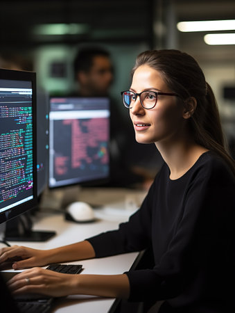Skilled Female Programmer at Work, AI Generatedの素材