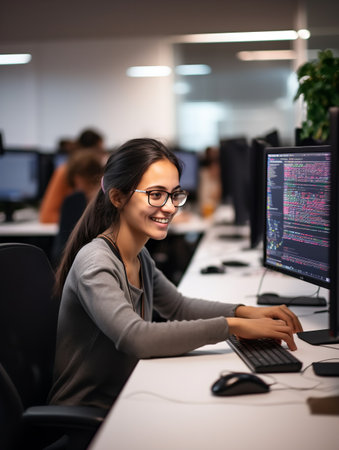 Skilled Female Programmer at Work, AI Generatedの素材