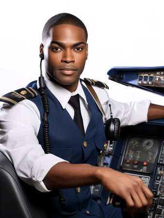 Skilled Male Pilot Navigating Aircraft, AI Generatedの素材