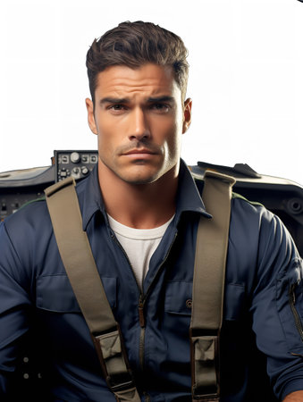 Skilled Male Pilot Navigating Aircraft, AI Generatedの素材
