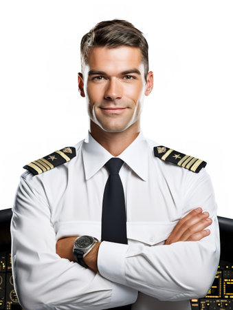 Skilled Male Pilot Navigating Aircraft, AI Generatedの素材