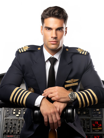 Skilled Male Pilot Navigating Aircraft, AI Generatedの素材