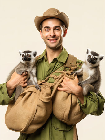 Experienced Male Zookeeper with Animals, AI Generatedの素材