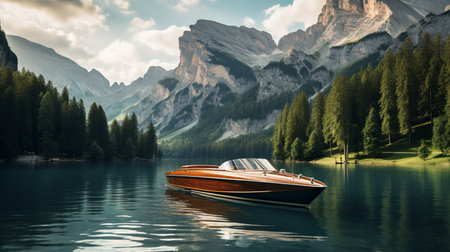 Elegant Riva Boat Gliding on Serene Lake - AI Generatedの素材