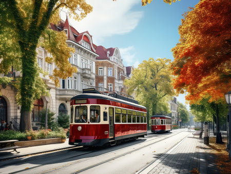 Vintage Tram Rolling Through Historic City Center - AI Generatedの素材