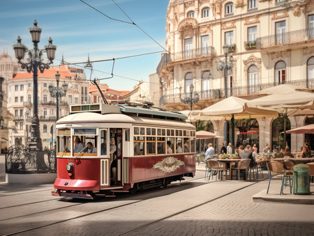 Vintage Tram Rolling Through Historic City Center - AI Generatedの素材