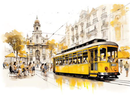 Vintage Tram Rolling Through Historic City Center - AI Generatedの素材