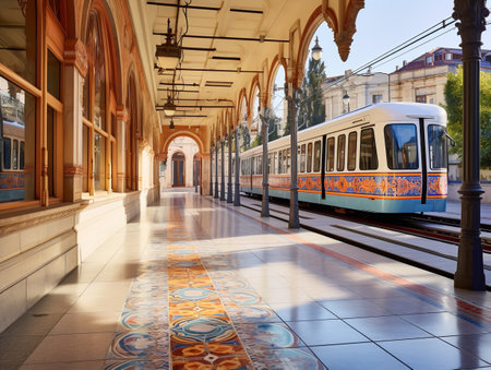 Vintage Tram Rolling Through Historic City Center - AI Generatedの素材