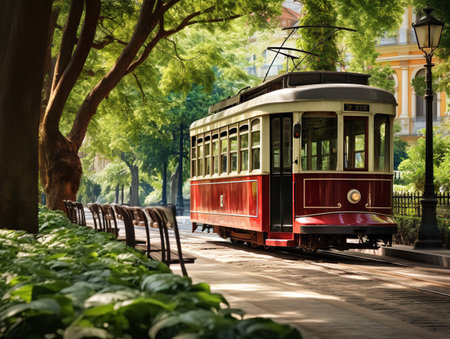 Vintage Tram Rolling Through Historic City Center - AI Generatedの素材
