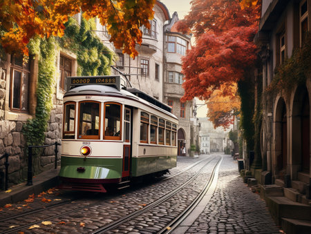 Vintage Tram Rolling Through Historic City Center - AI Generatedの素材