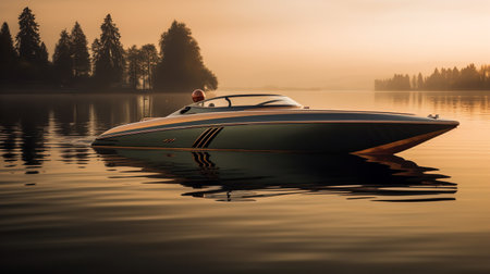 Elegant Riva Boat Gliding on Serene Lake - AI Generatedの素材