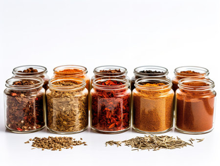 Colorful Spices Variety Cooking Ingredients Isolated on White Background AI Generatedの素材