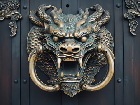 Brass Door Knocker Elegant Entryway Isolated on White Background AI Generatedの素材