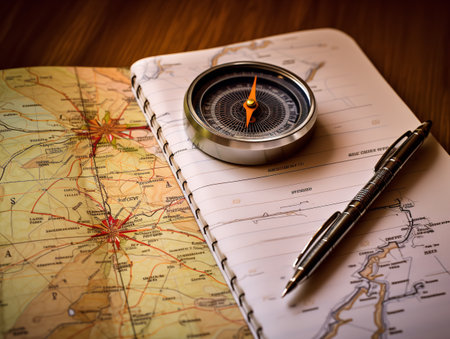 Compass and Map Navigation Exploration Isolated on White Background AI Generatedの素材