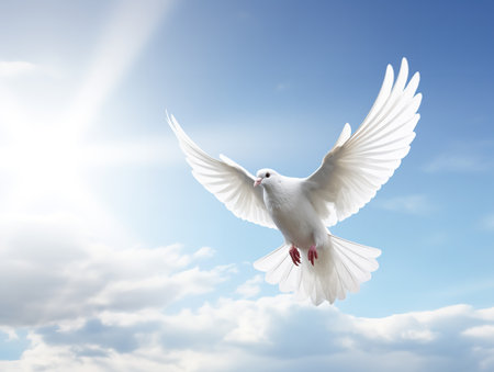 Dove in Flight Freedom and Hope Isolated on White Background AI Generatedの素材