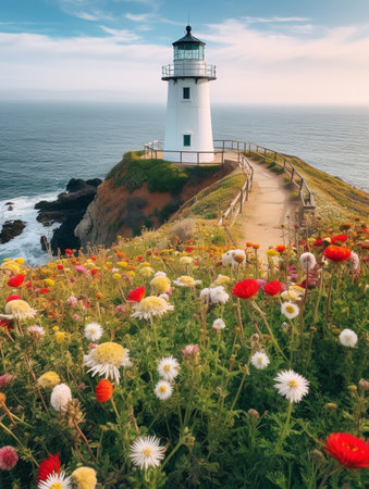 Lighthouse Shining Beam Guidance and Hope Isolated on White Background AI Generatedの素材