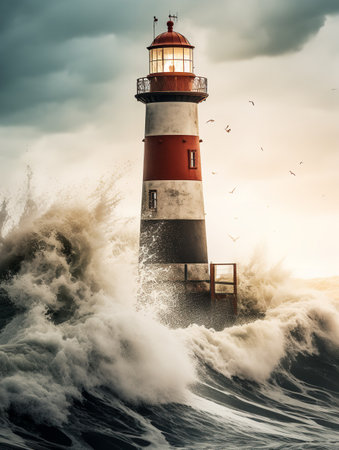 Lighthouse Shining Beam Guidance and Hope Isolated on White Background AI Generatedの素材