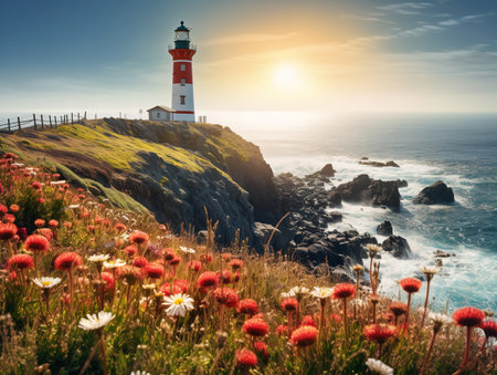 Lighthouse Shining Beam Guidance and Hope Isolated on White Background AI Generatedの素材