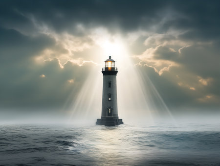 Lighthouse Shining Beam Guidance and Hope Isolated on White Background AI Generatedの素材