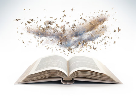Open Book with Flying Pages Imagination Unleashed Isolated on White Background AI Generatedの素材