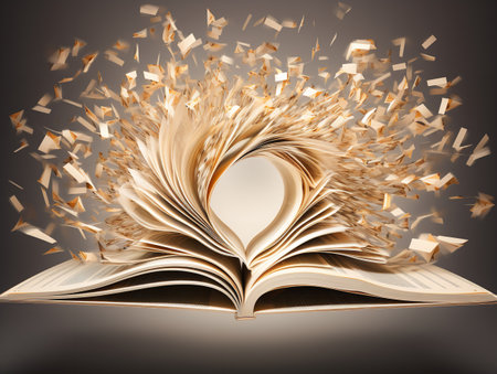 Open Book with Flying Pages Imagination Unleashed Isolated on White Background AI Generatedの素材
