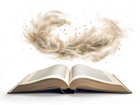 Open Book with Flying Pages Imagination Unleashed Isolated on White Background AI Generatedの素材