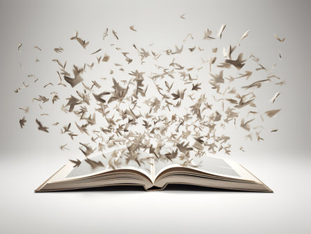 Open Book with Flying Pages Imagination Unleashed Isolated on White Background AI Generatedの素材