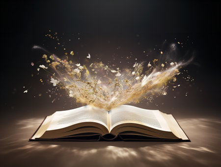 Open Book with Flying Pages Imagination Unleashed Isolated on White Background AI Generatedの素材